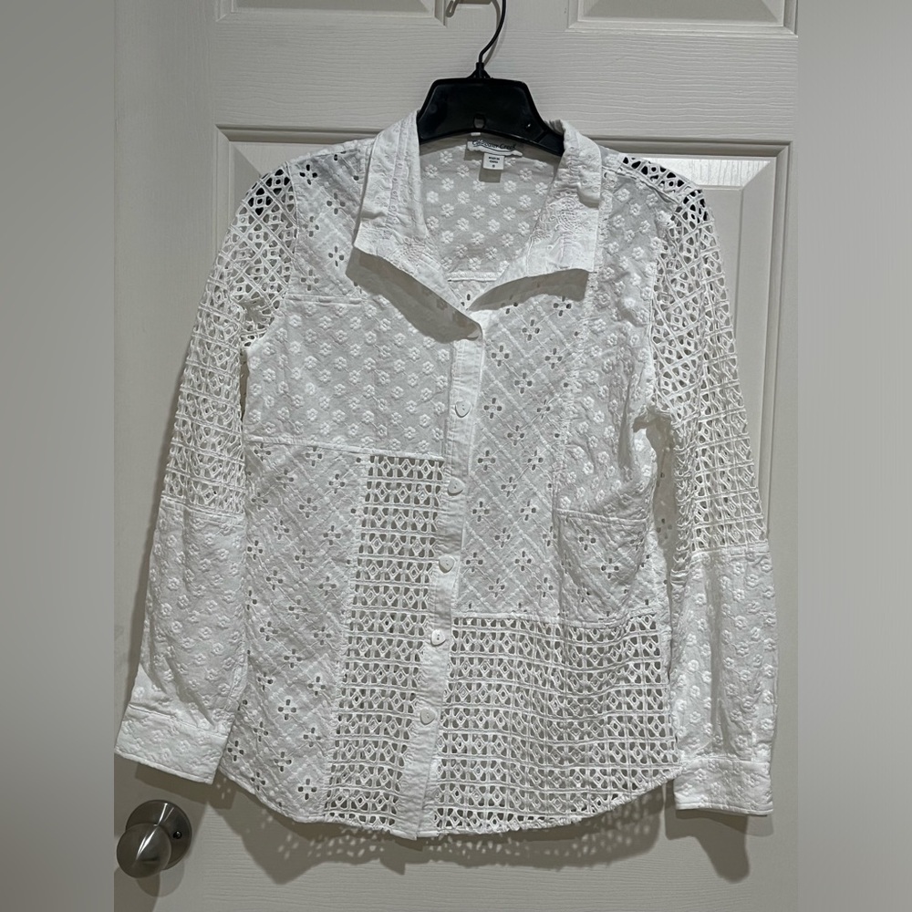 COLDWATER CREEK White Eyelet & Floral CUTWORK Embroidered SHIRT, SUZE S